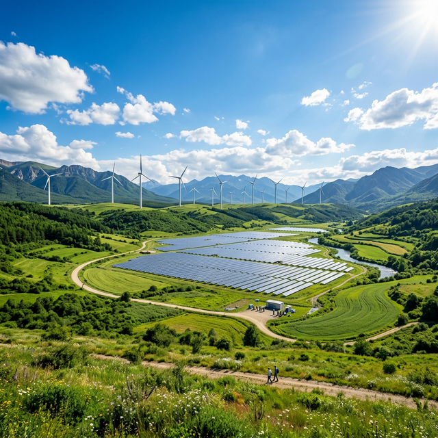 Wind turbines and a sprawling solar farm in a lush green valley under a bright blue sky