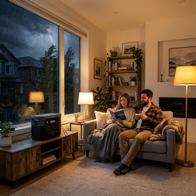 A family enjoying power from a portable power station during a home outage